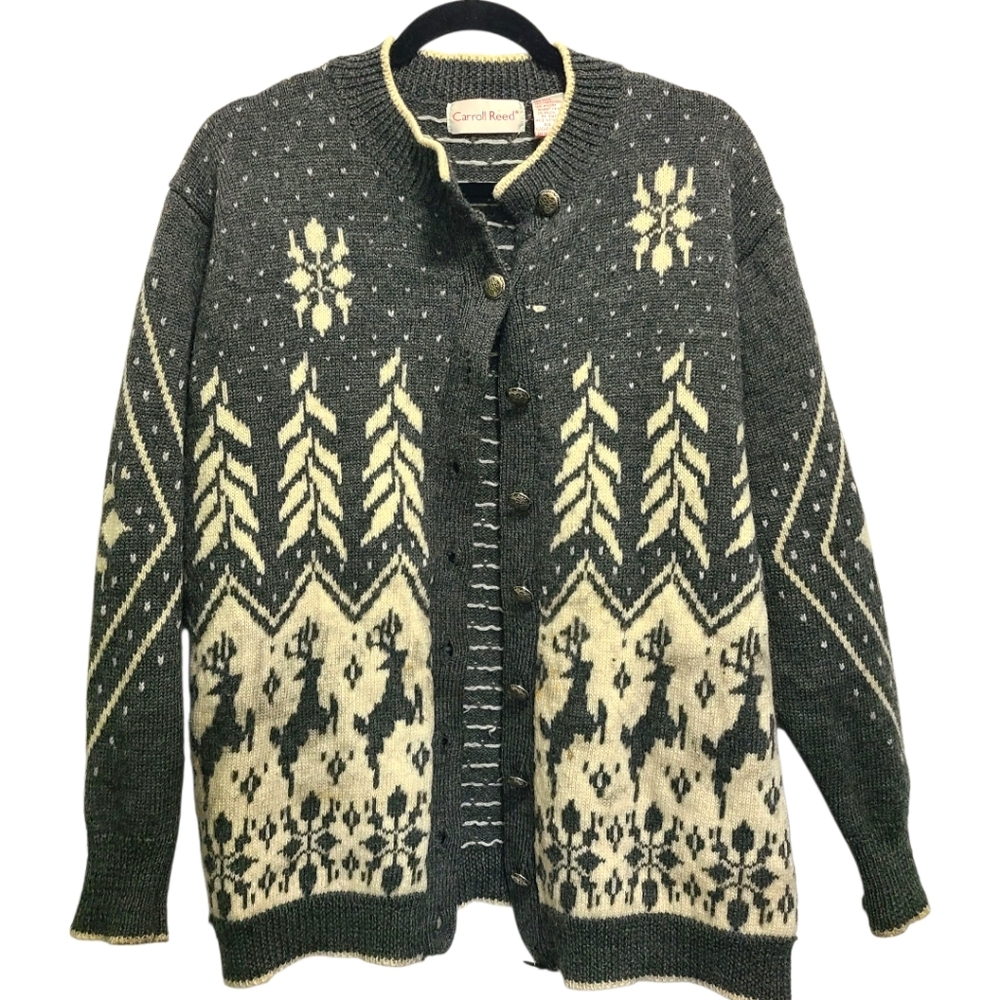 Carroll Reed Gray Cream Snowflake Cardigan‎ Wool Lambswool Angora M Vintage